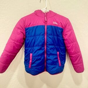 Eddie Bauer Puffer Jacket Girls 10/12 Pink Blue Hooded Winter Snow Warm Fleece
